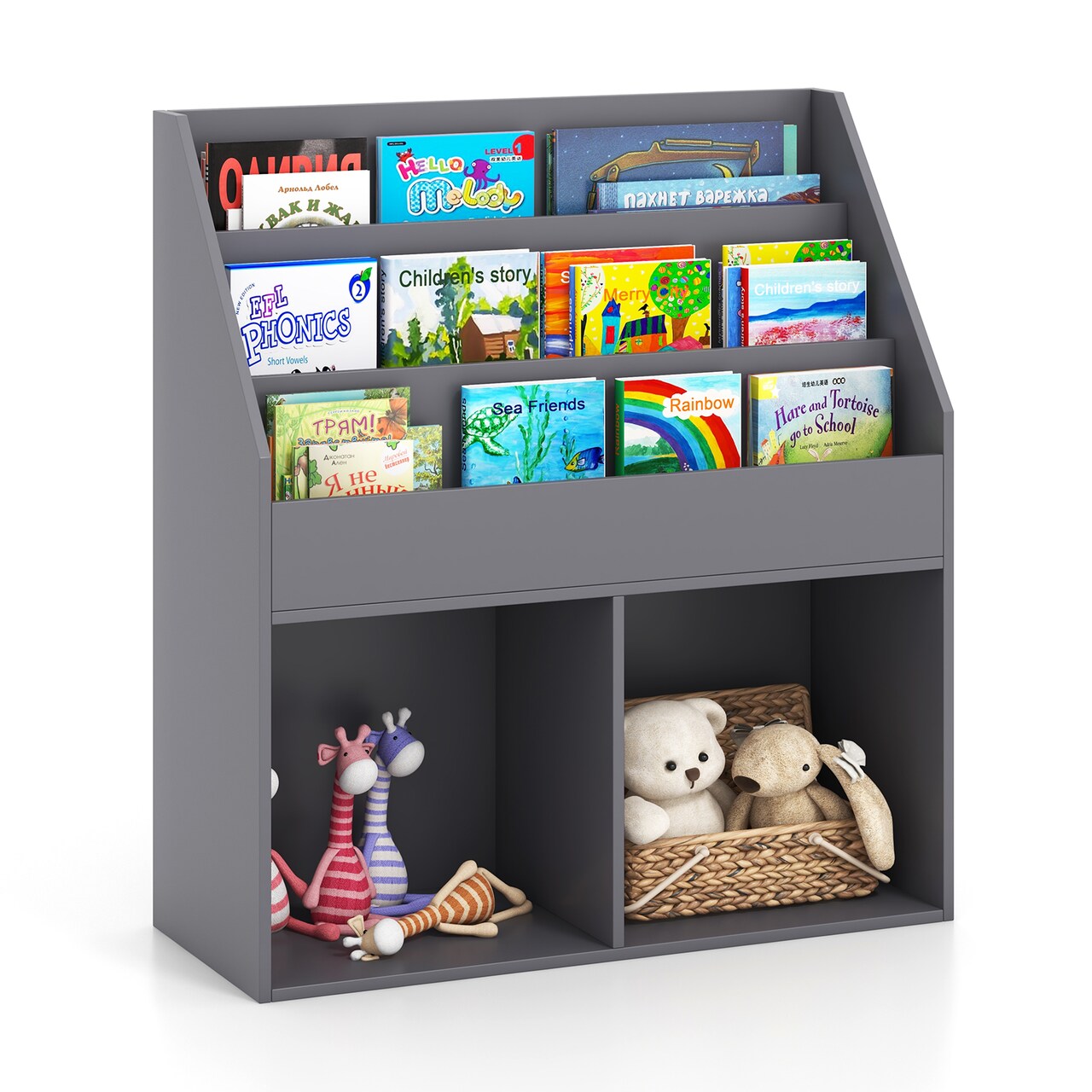 Kids Storage Organizer with Tiered Shelves Grey Engineered Wood Bookshelf for Toys and Books